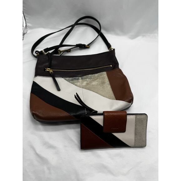 FOSSIL Fiona Color-Block Patchwork Leather Large Crossbody Bag And Wallet Set - Picture 1 of 16